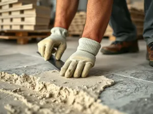 Mężczyzna miesza łopatą składniki suchego betonu w taczce na placu budowy.